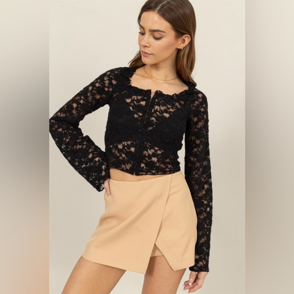 22B. Lace Long Sleeve Hook & Eye Front Closure - Black